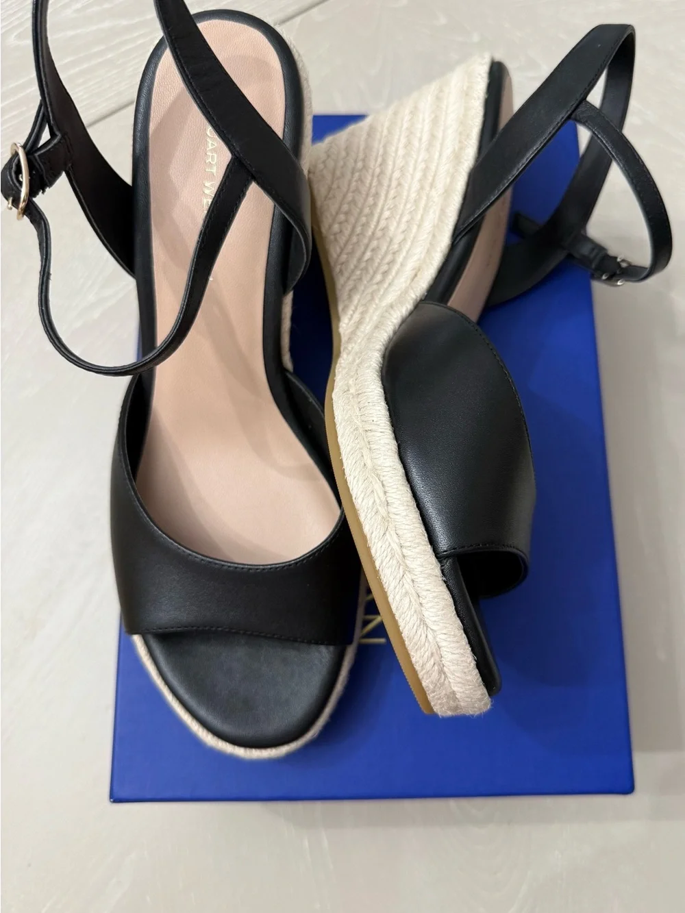 Stuart Weitzman Black Leather Espadrille Slingback Sandals with Tan Jute Sole